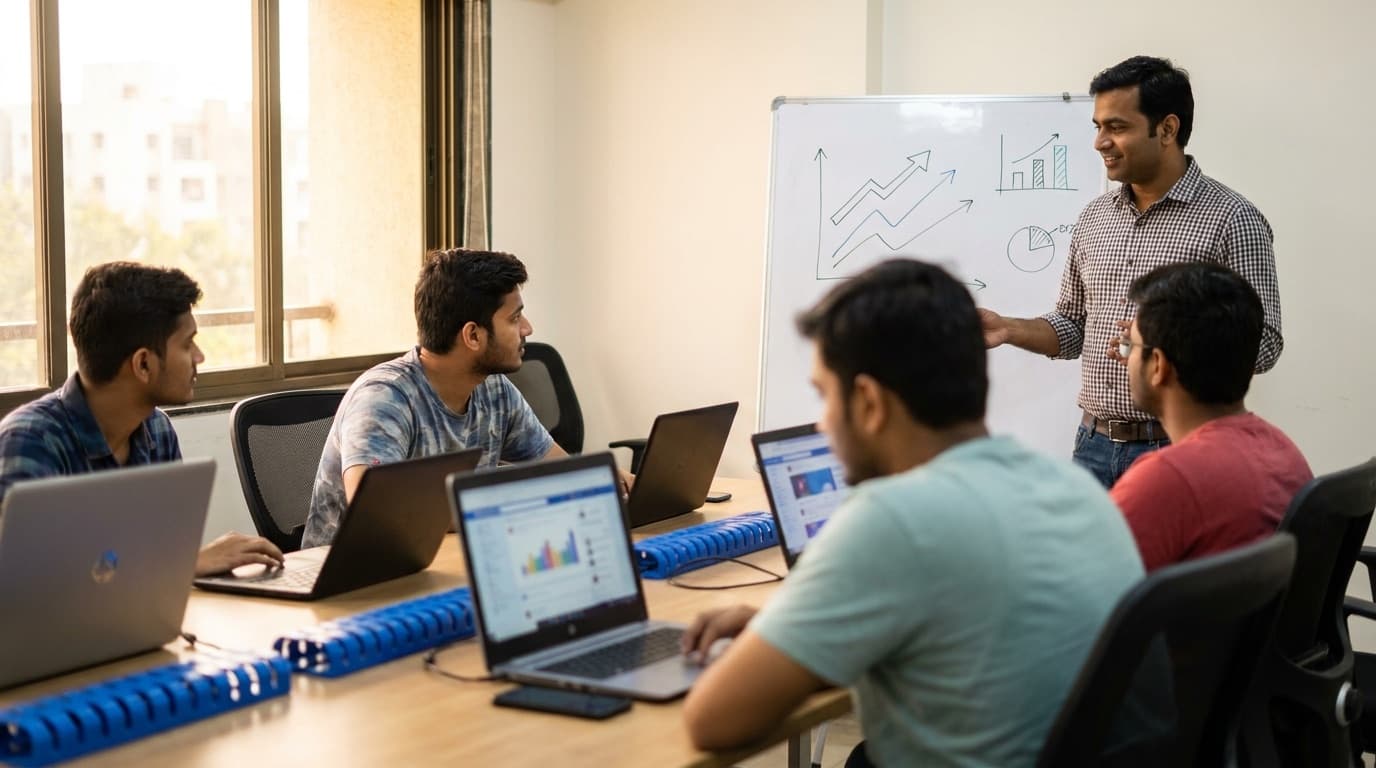 Performance Marketing Course in Aligarh: students setting up a Meta ads campaign in a live class at SKY7 Academy